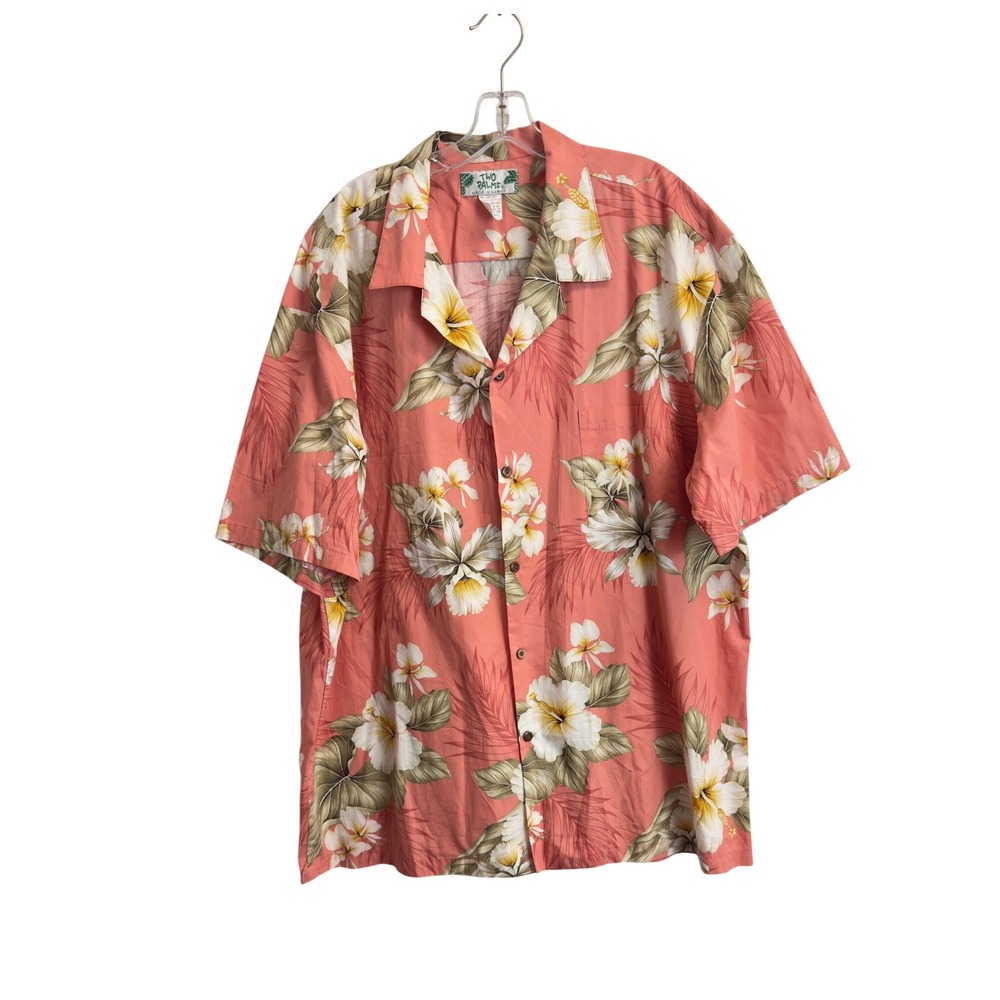 Two Palms Mens Hawaiian Shirt 2XL Coral Pink Tropical Floral Cotton Made  Hawaii